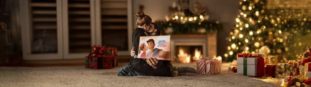 Couple montrant un livre pour couples dans un décor de Noël