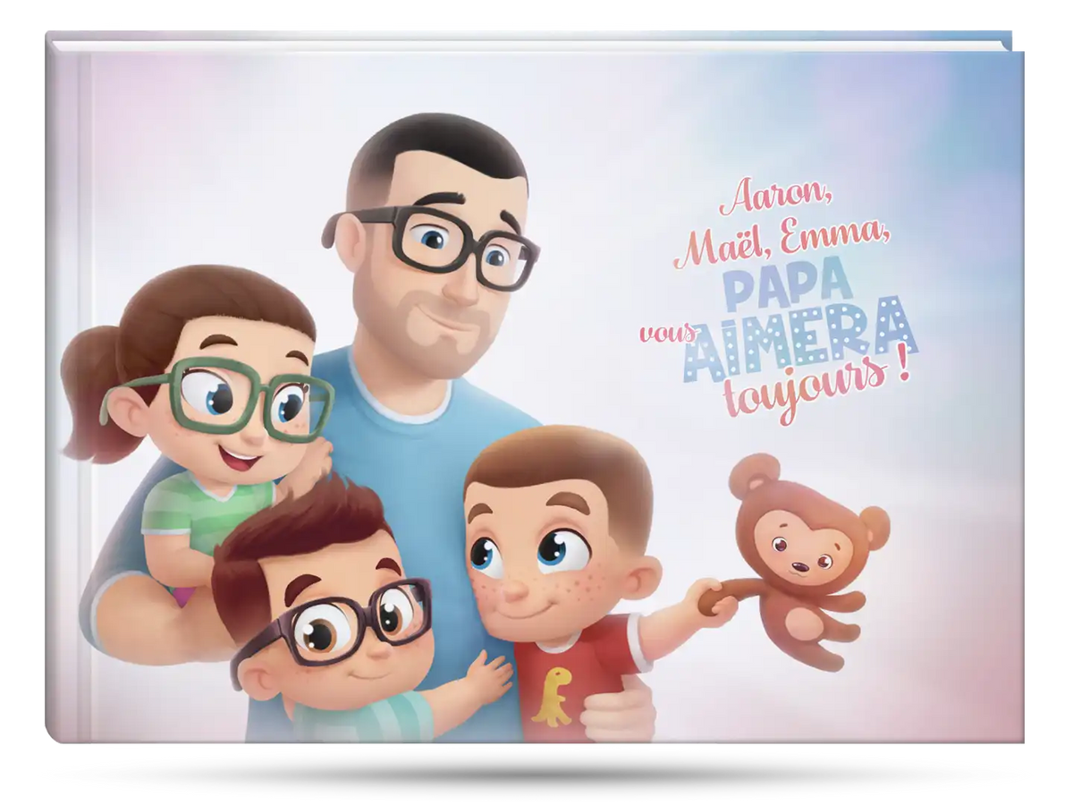 Couverture du meilleur livre personnalisé pour Papa et ses trois enfants.
