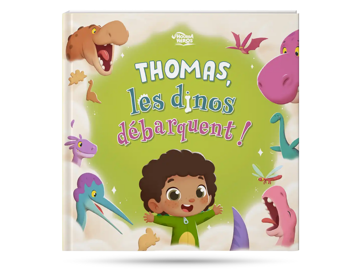 Couverture du livre personnalisé Hourra Héros sur les dinosaures, un cadeau idéal pour un enfant passionné par les dinos !