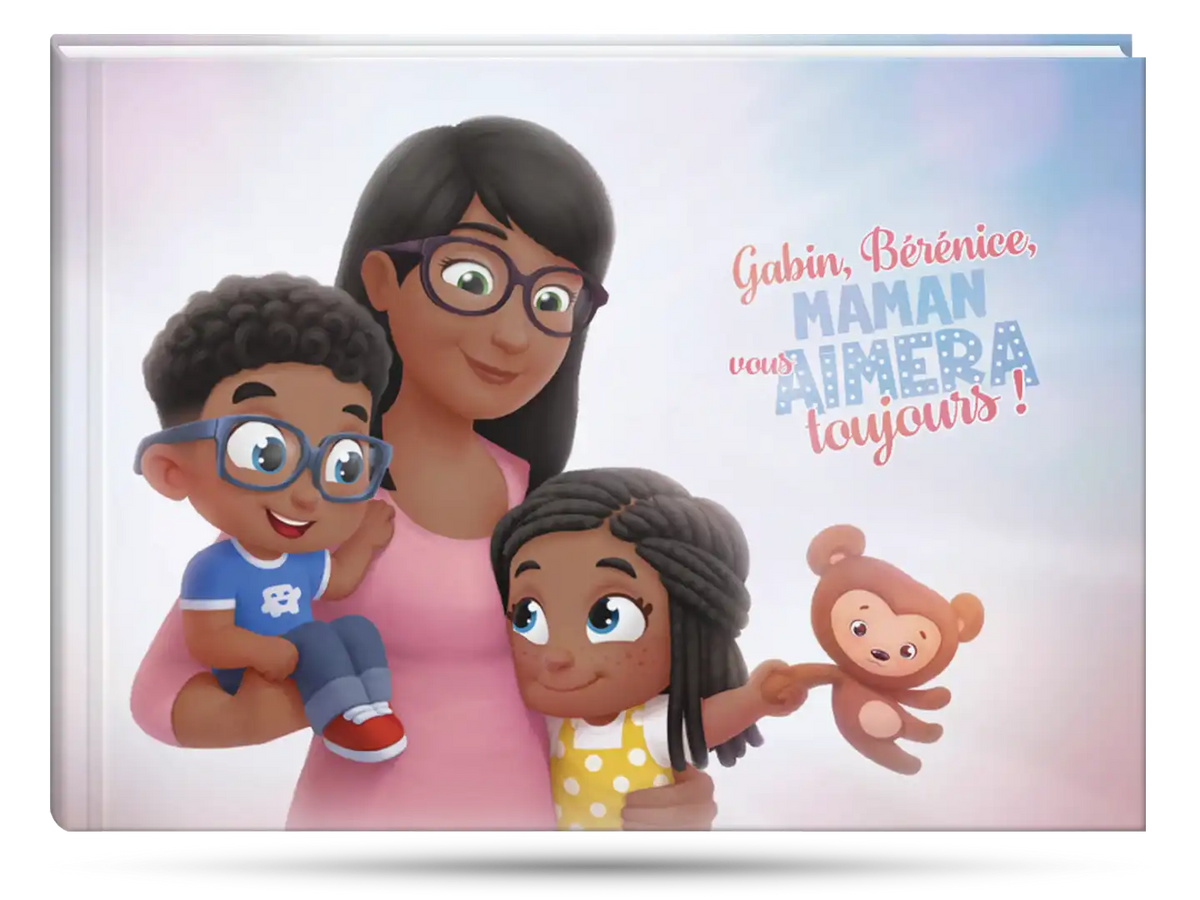 Maman et ses deux enfants apparaissent sur la couverture de la meilleure idée cadeau de Noël et fête des mères : un livre personnalisé Hourra Héros.