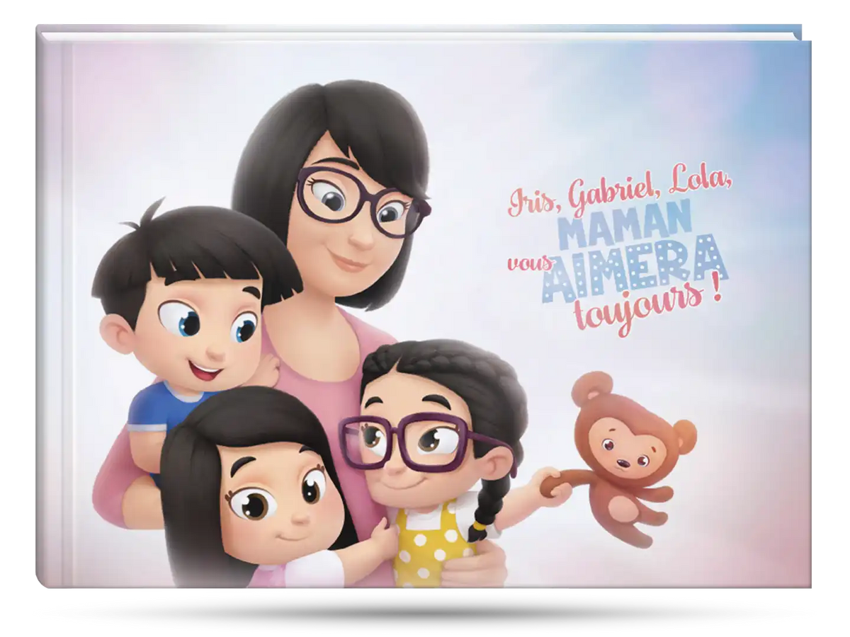 Avec ses trois petits, Maman se retrouve dans un livre personnalisé idéal comme cadeau de Noël ou de fête des mères.