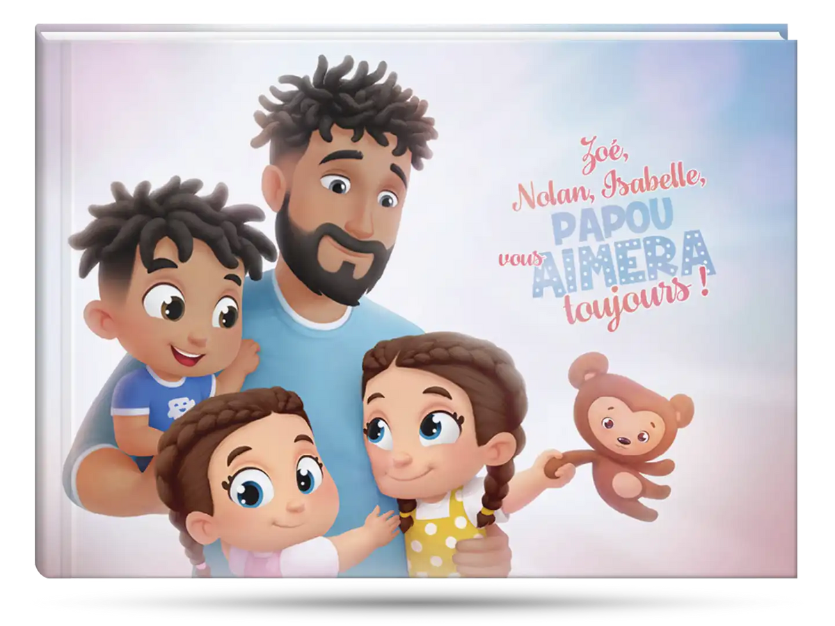 Voici la couverture du meilleur livre personnalisé pour Papa et trois enfants. Un cadeau unique et adorable.