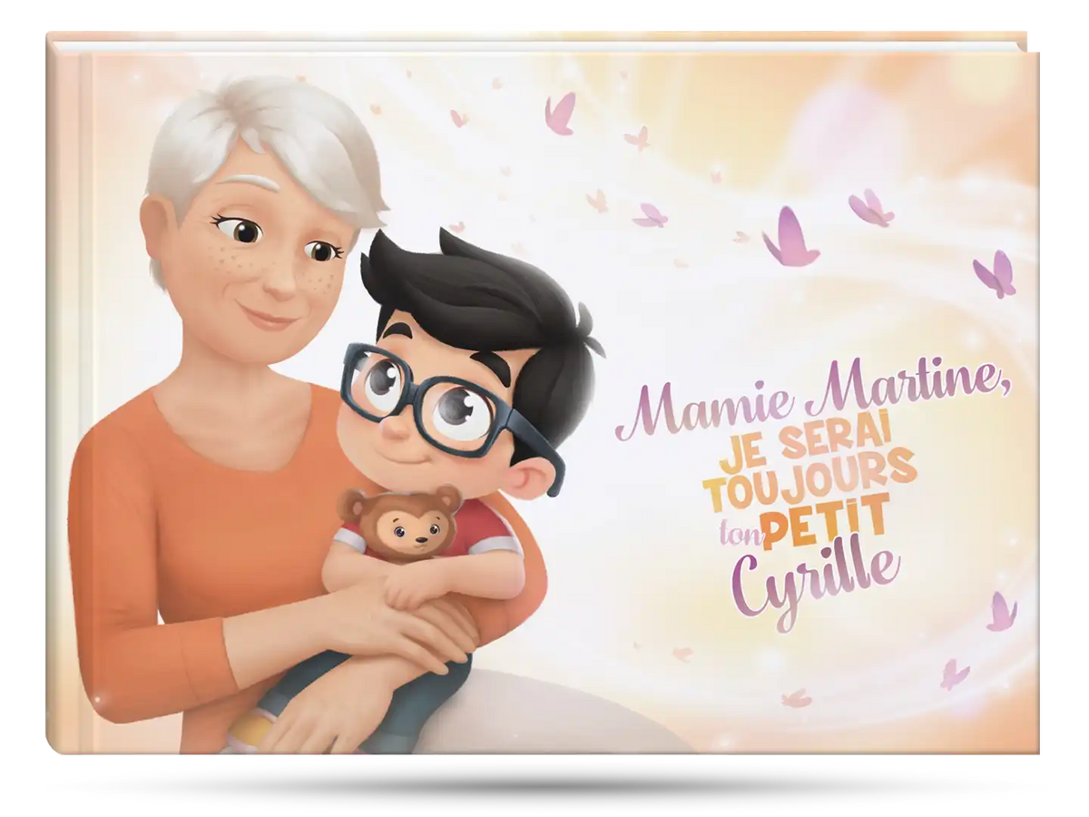 Une couverture pleine de tendresse : celle du livre personnalisé pour grand mère / mamie et son petit-fils.