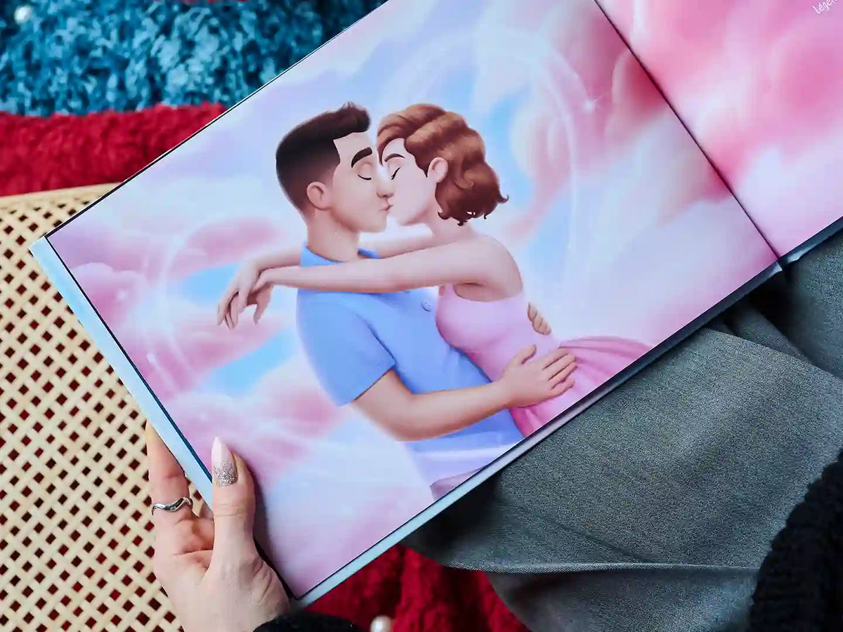 Magnifique illustration tirée du cadeau d’anniversaire le plus unique pour couples : le livre personnalisé pour l’épouse.