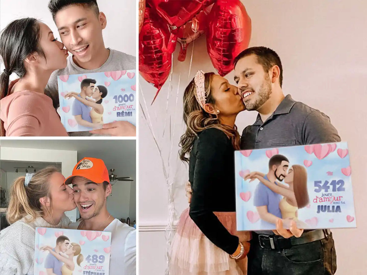 Des couples tenant leur livre personnalisé "500 jours depuis que je suis tombé amoureux de toi" – un cadeau touchant pour votre mari à Noël ou le cadeau parfait pour la Saint-Valentin.