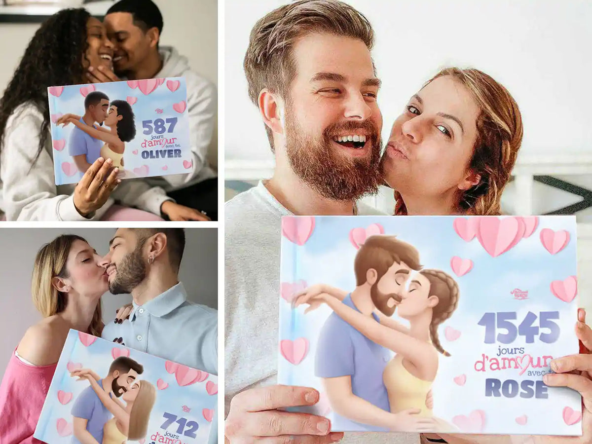 Des couples heureux tenant leur cadeau parfait pour un anniversaire – un livre personnalisé émouvant qui inclut le nombre de jours passés ensemble.
