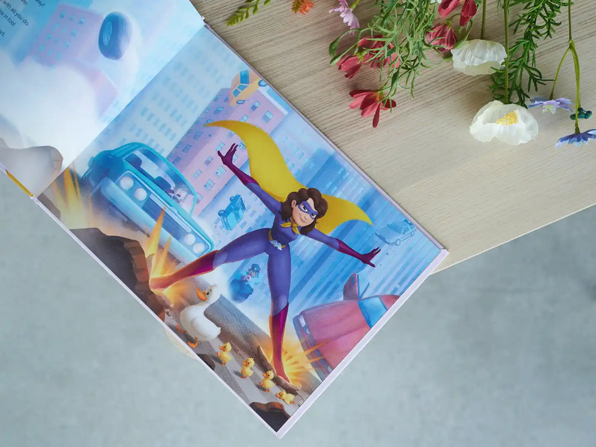 Illustration de grand-mère en tant que super-héroïne qu'elle est, issue de notre nouveau livre personnalisé pour grand-mères et petits-enfants.