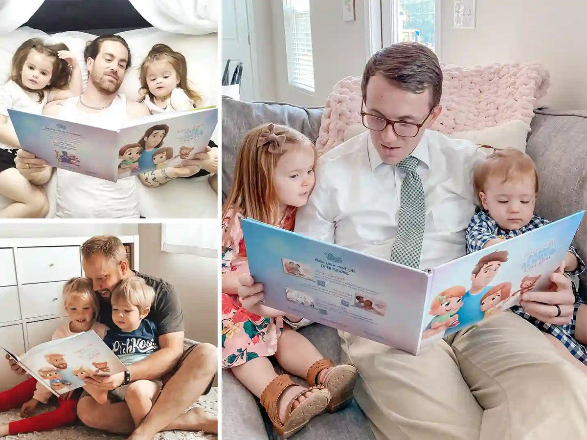 Toute la famille est réunie autour d'un cadeau unique et spécial : un livre personnalisé pour Papa et deux enfants.