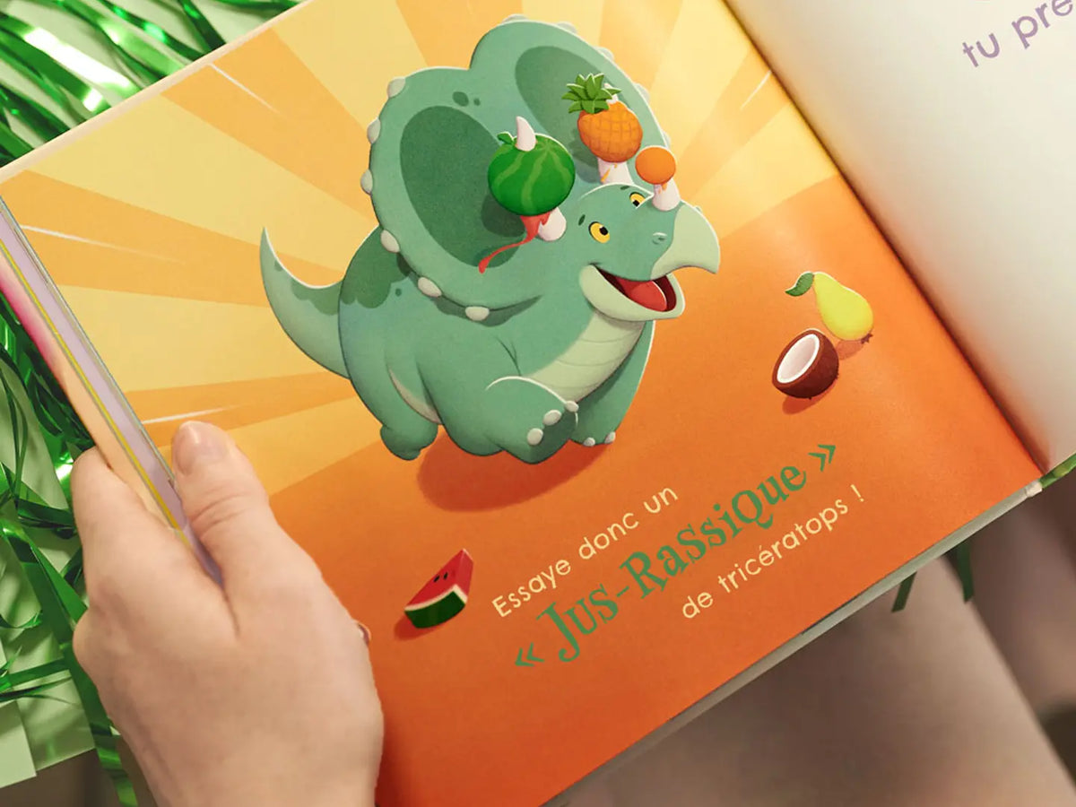 De savoureux jeux de mots sont présents dans ce livre personnalisé pour les enfants sur les dinosaures.