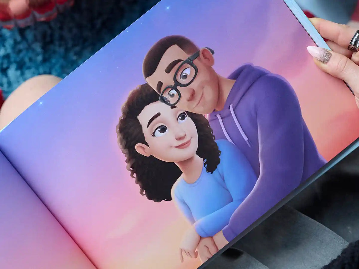 Illustration détaillée et colorée d’un couple regardant un coucher de soleil, issue du meilleur cadeau pour un anniversaire : un livre personnalisé pour un petit ami ou une petite amie.