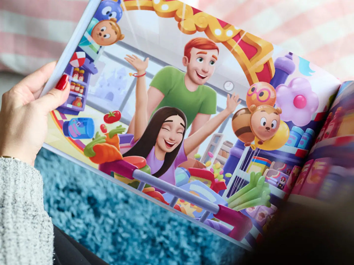 Une illustration vive d’un couple en sortie shopping, dans un livre d’anniversaire personnalisé – parfait pour la Saint-Valentin.