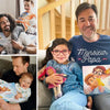 Des papas et leurs enfants posant avec leur cadeau unique : un livre personnalisé pour un anniversaire, la fête des pères ou Noël!