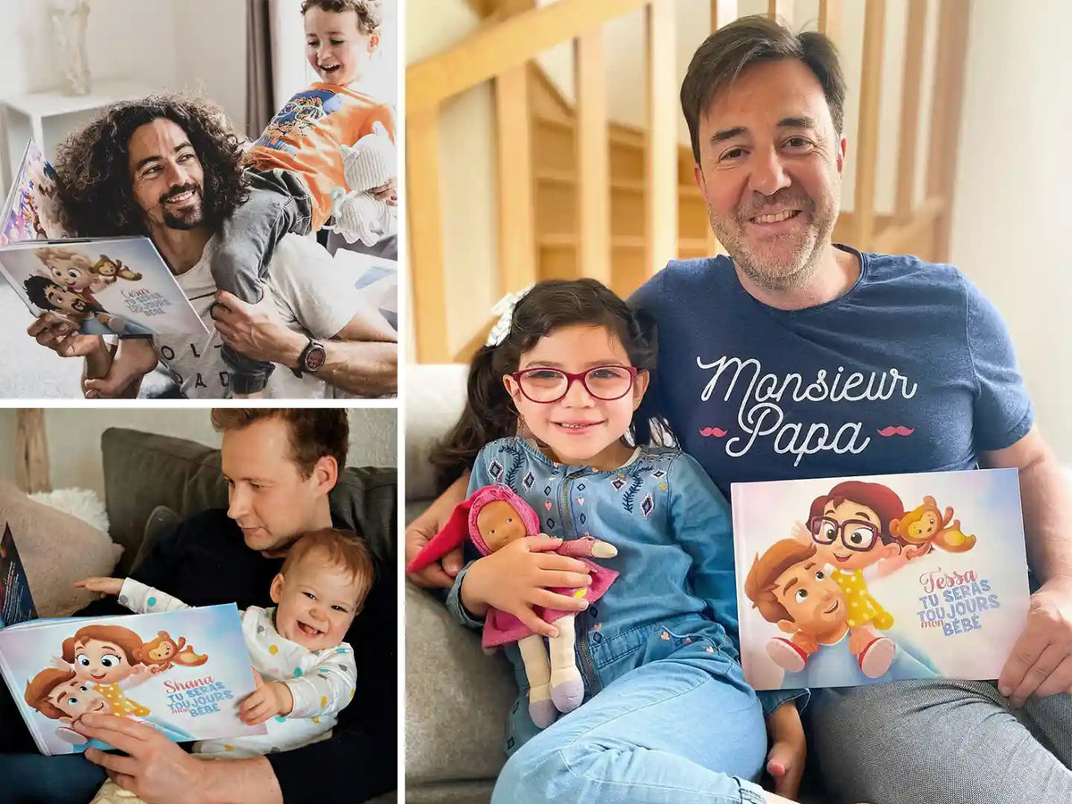 Des papas et leurs enfants posant avec leur cadeau unique : un livre personnalisé pour un anniversaire, la fête des pères ou Noël!