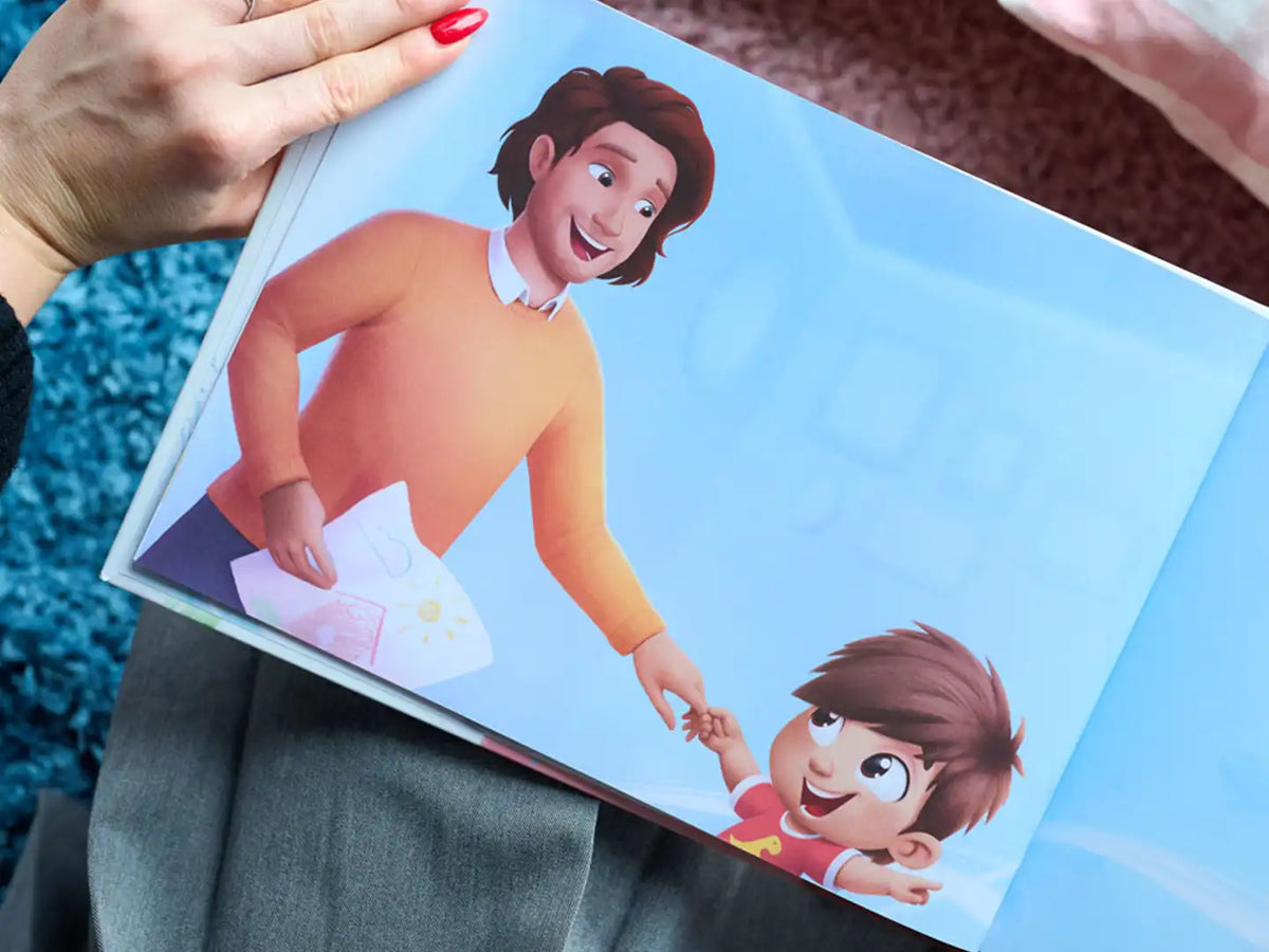 Une illustration personnalisée de papa et enfant dans notre nouveau livre d’histoires personnalisé pour papas, un cadeau parfait pour la Fête des Pères.