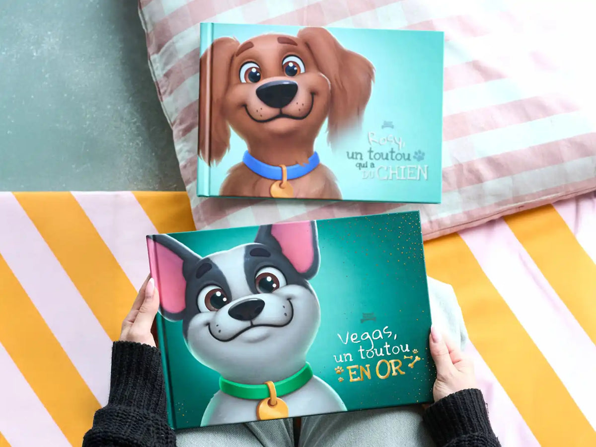 Gros plan sur un livre pour chien personnalisé premium intitulé « Vegas, un toutou en or », mettant en avant le chien cartoon sur un fond coloré.
