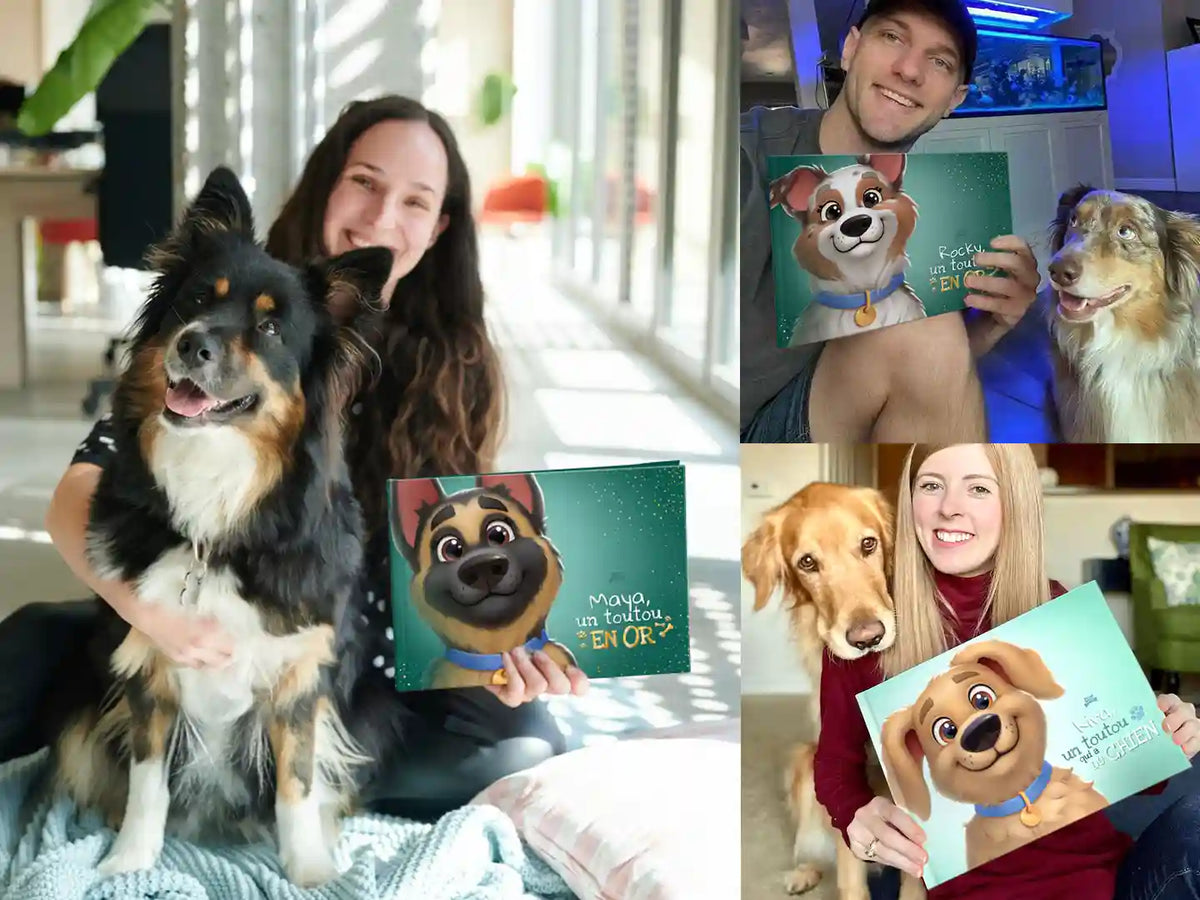 Propriétaires heureux avec leurs chiens tenant les livres pour chien personnalisés premium « Maya, un toutou en or », « Rocky, un toutou en or » et « Lily, un toutou en or ».