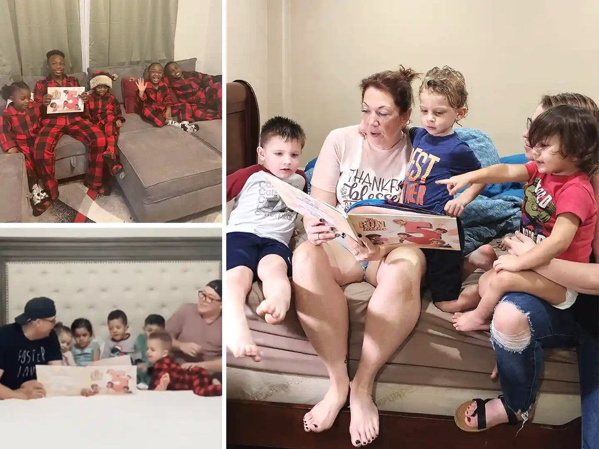 Des familles de cinq enfants lisent leur livre d'histoires personnalisé, conçu spécialement pour elles.