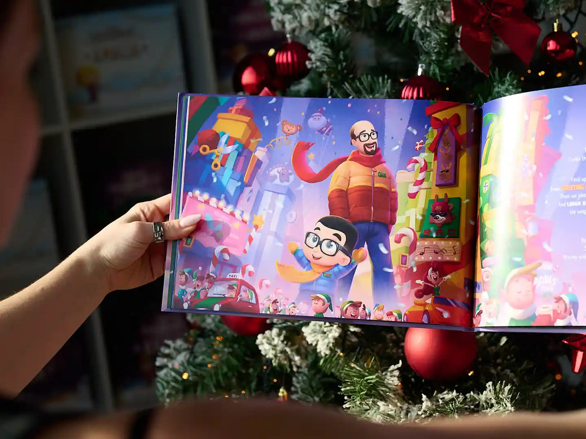 Une illustration colorée du nouveau livre de Noël de Hourra Heroes pour papa.