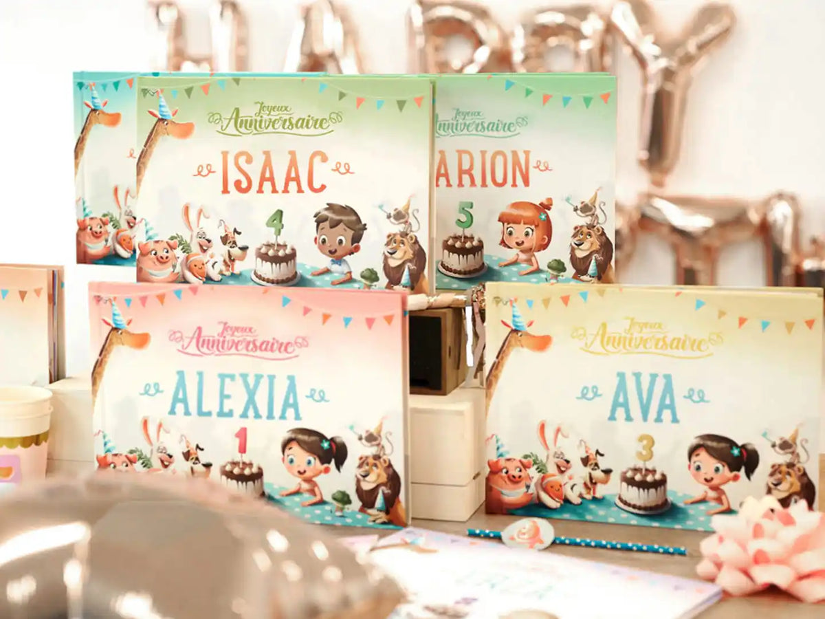 Livres d'anniversaire personnalisés pour les enfants de un à neuf ans.