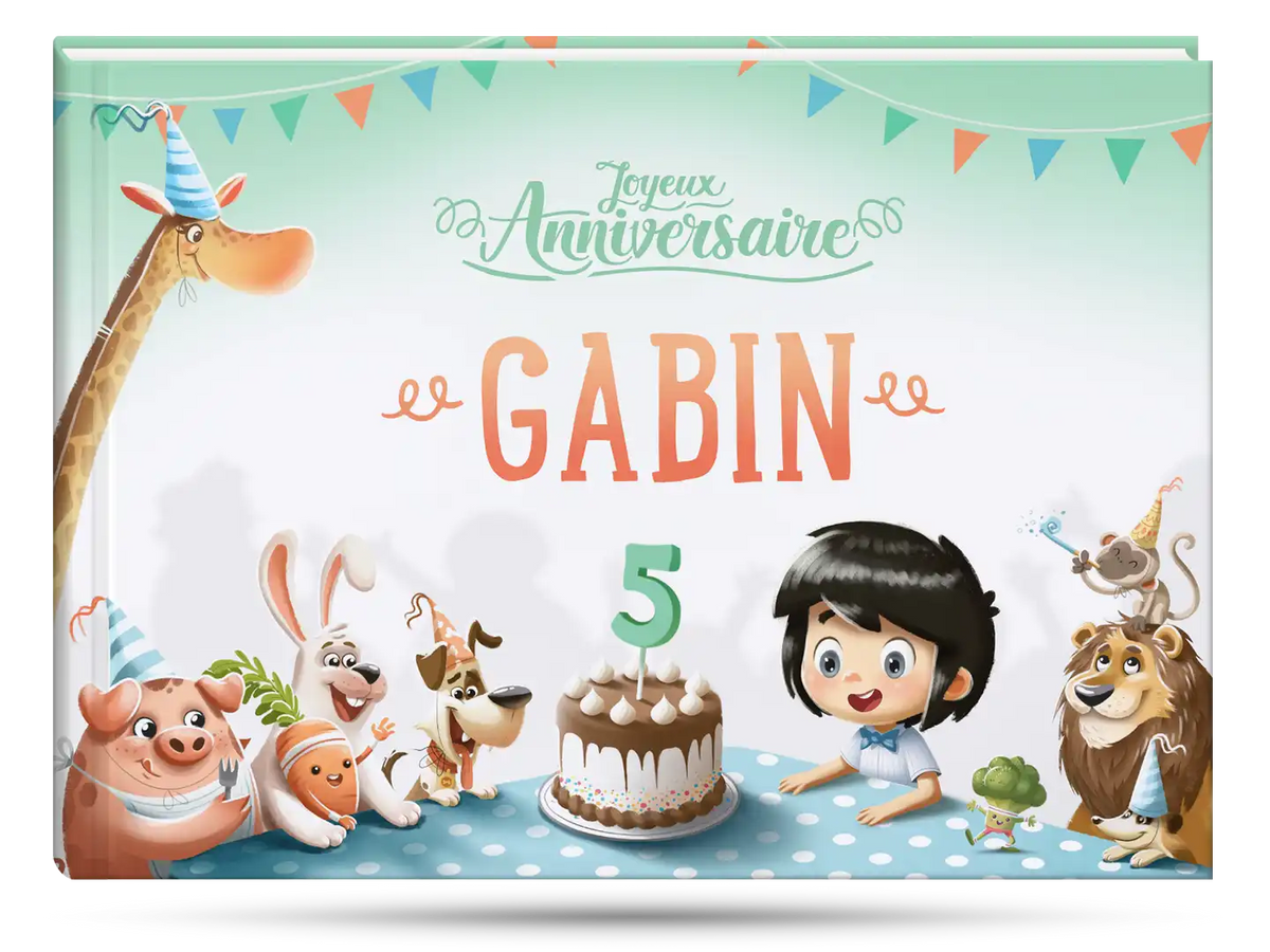 La couverture du livre d'anniversaire personnalisé qui est le cadeau parfait pour un enfant de cinq ans.