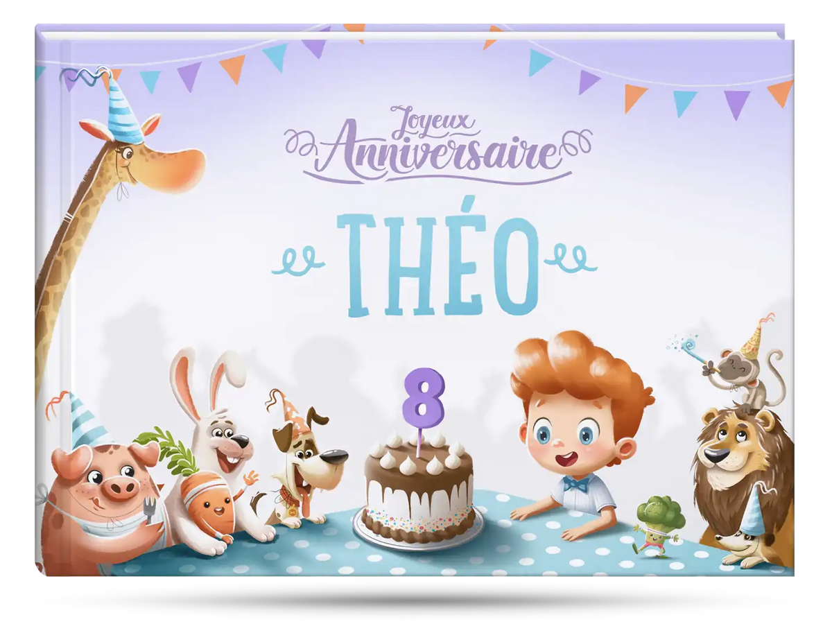 La couverture du livre d'anniversaire personnalisé qui est le cadeau parfait pour un enfant de huit ans.