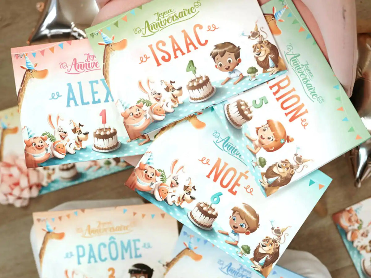 Livres d'anniversaire personnalisés pour les enfants de un à neuf ans.