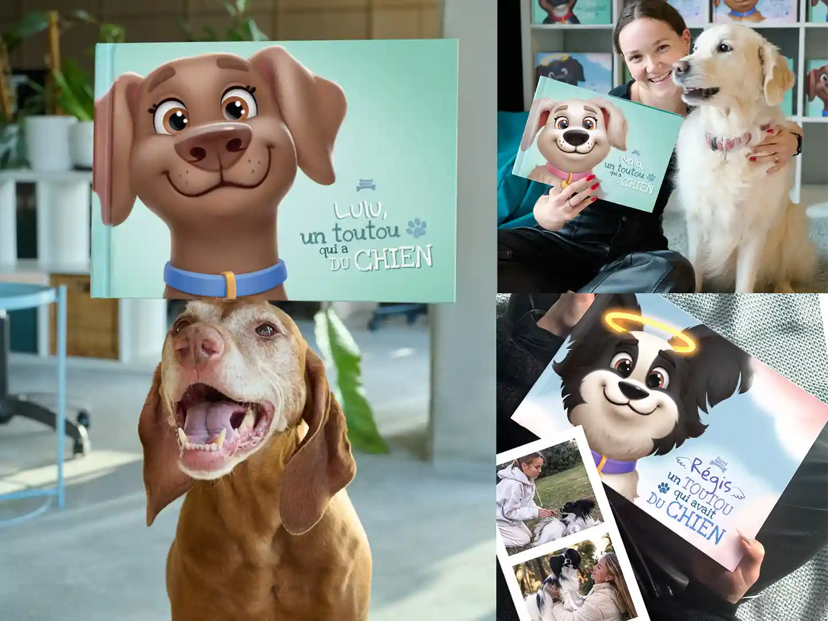 Des propriétaires posent avec leurs chiens et leurs livres personnalisés « Lulu, un toutou qui a du chien », « Lola, un toutou qui a du chien » et « Régis, un toutou qui avait du chien », un hommage unique et émouvant à leurs fidèles compagnons.