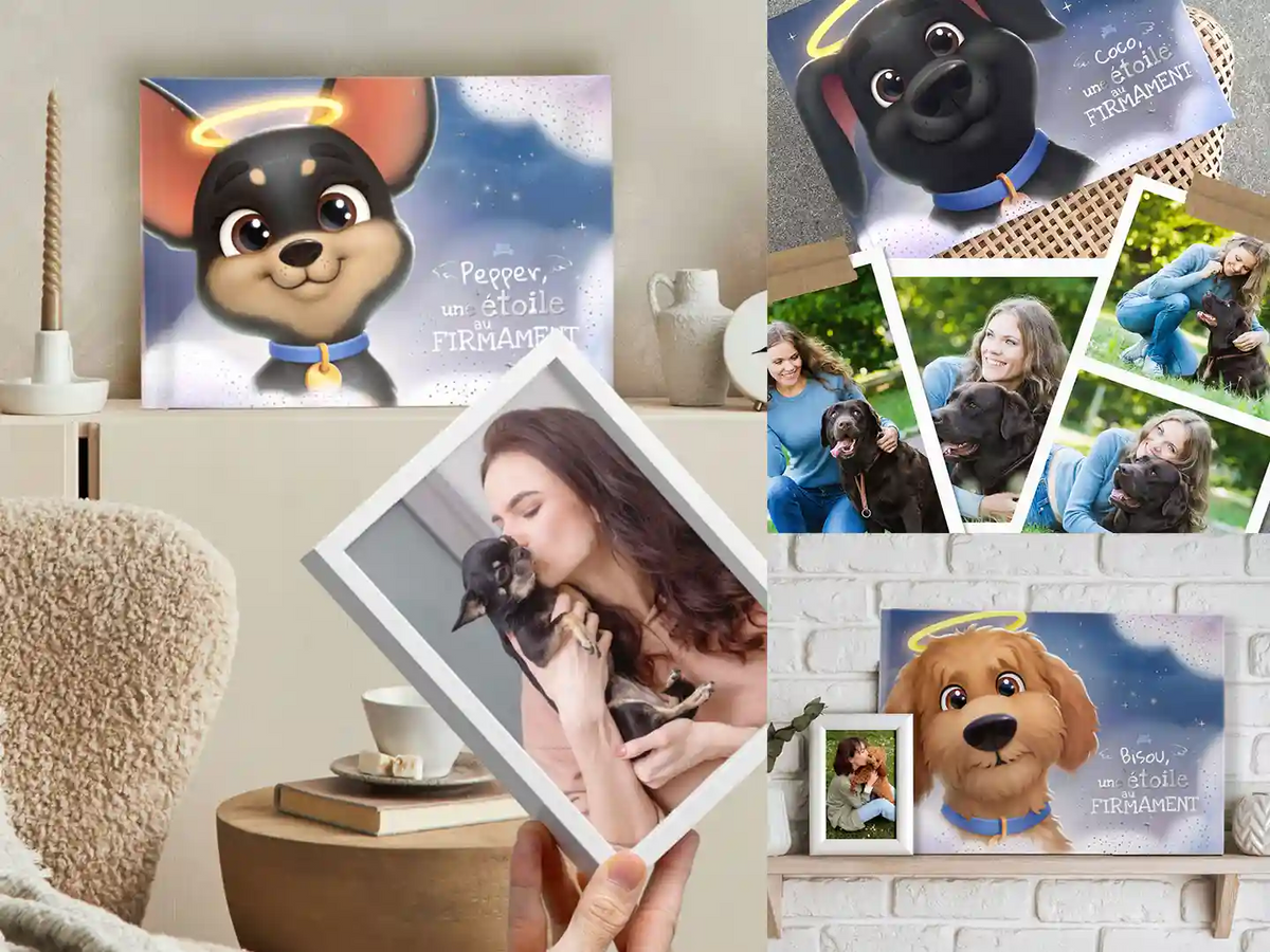 Montage d’images de propriétaires avec leurs chiens et les livres mémoire personnalisés « Pepper » et « Coco, une étoile au firmament ».