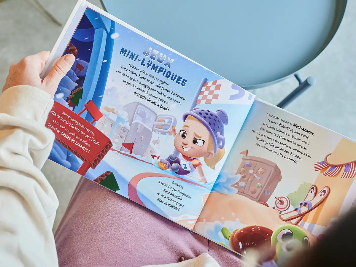 Illustration hilarante tirée d'un livre personnalisé seul à la maison sur un enfant ayant ses propres Jeux olympiques.