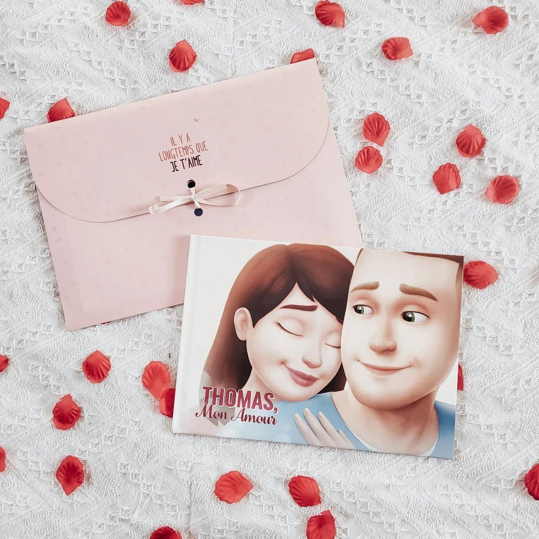 Ce livre d'amour personnalisé peut être livré avec une adorable pochette.