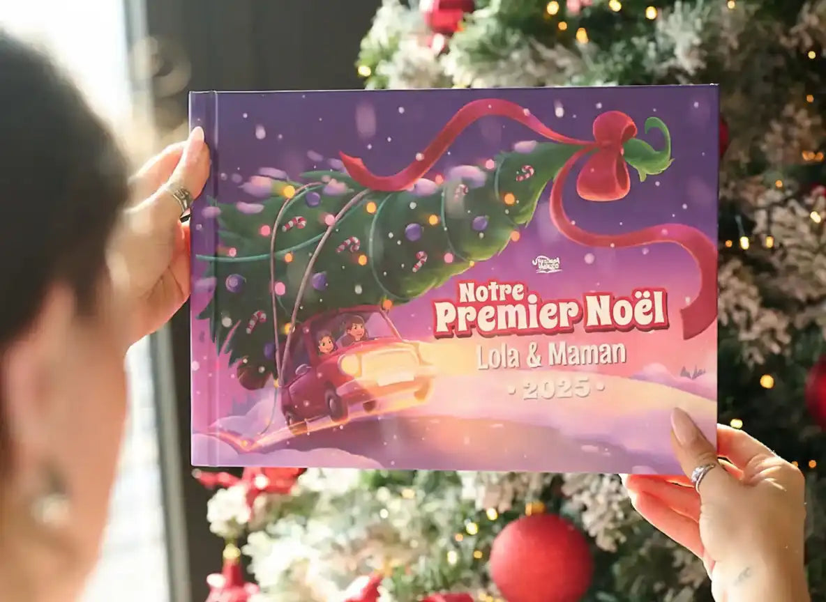 Livre personnalisé “Notre Premier Noël 2025” avec Lola et Maman, tenu devant un sapin de Noël décoré.